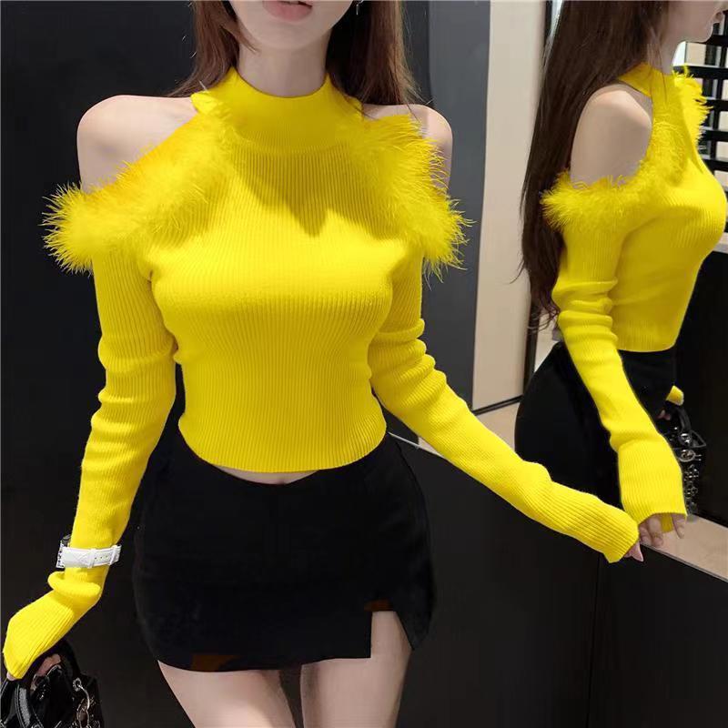 Women's Half-turtleneck Stitching Hollow Out Shoulder-baring Knitwear Top