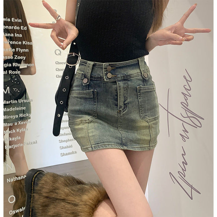 Womens Stretch High-Waisted Vintage Denim Skirt