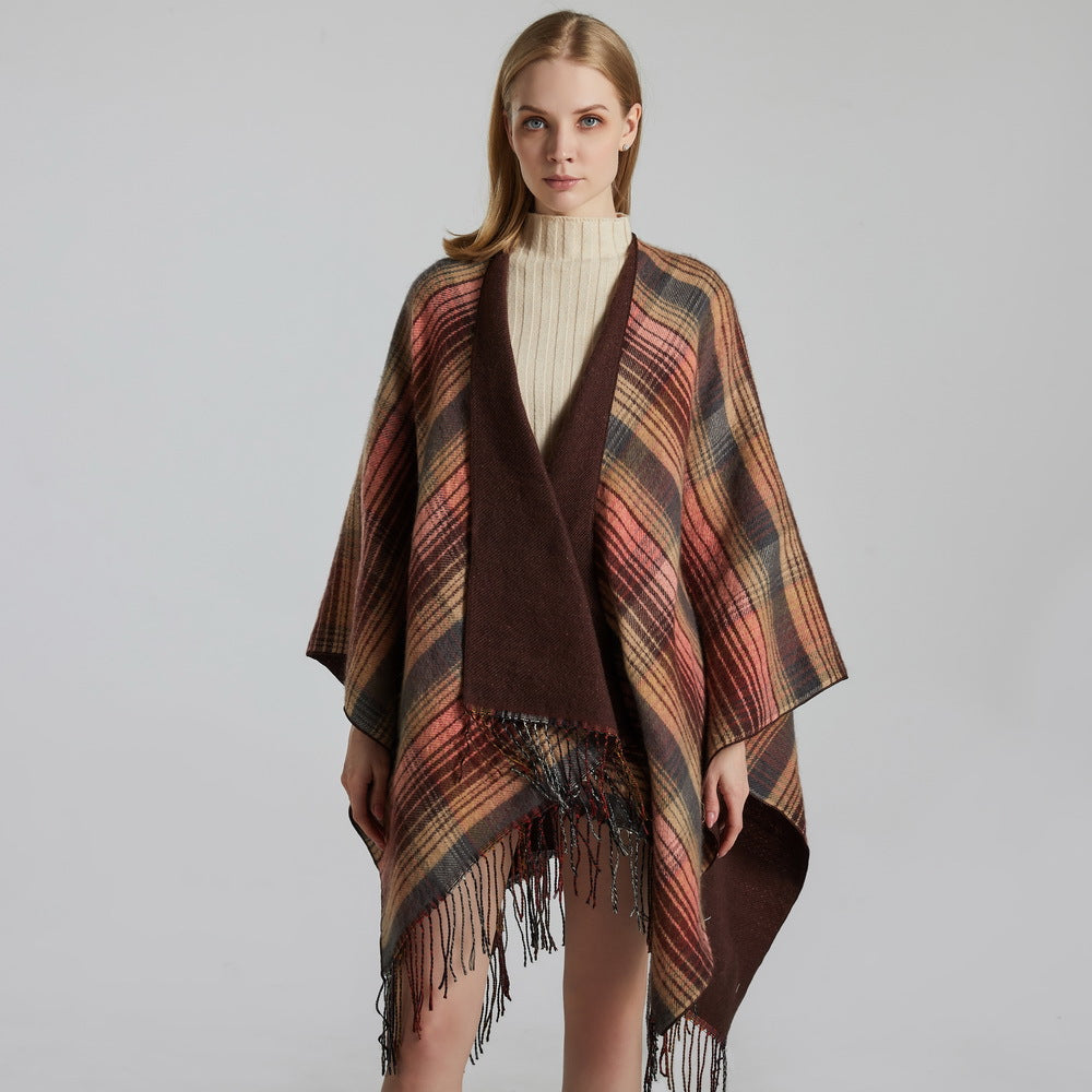 Classic Colorful Plaid Shawl Cape Faux Cashmere Tassel Thickening