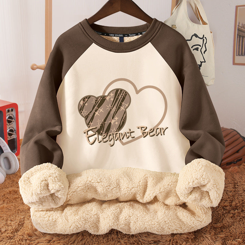 Women's Autumn And Winter Fleece-lined Thickened Hooded Berber Fleece Coat Contrast Color Raglan