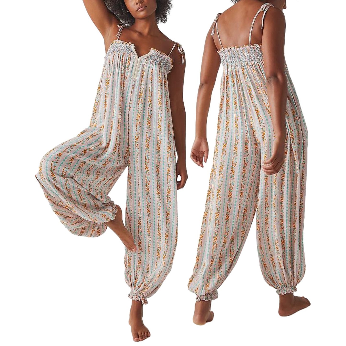 Womens Printed Loose-Fit Figure-Flattering Jumpsuit Pants