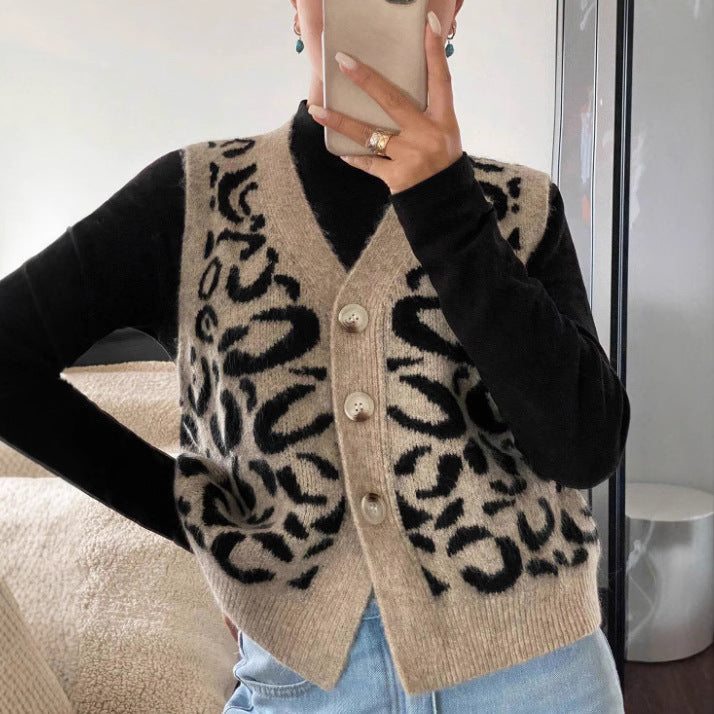 Leopard Print V-neck Knitted Cardigan Sweater Coat For Women