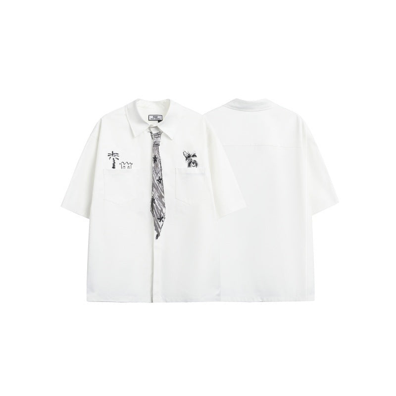 Japanese Fashion Brand Funnny And Creative Hand-painted Tie Design Men And Women Loose Shirt