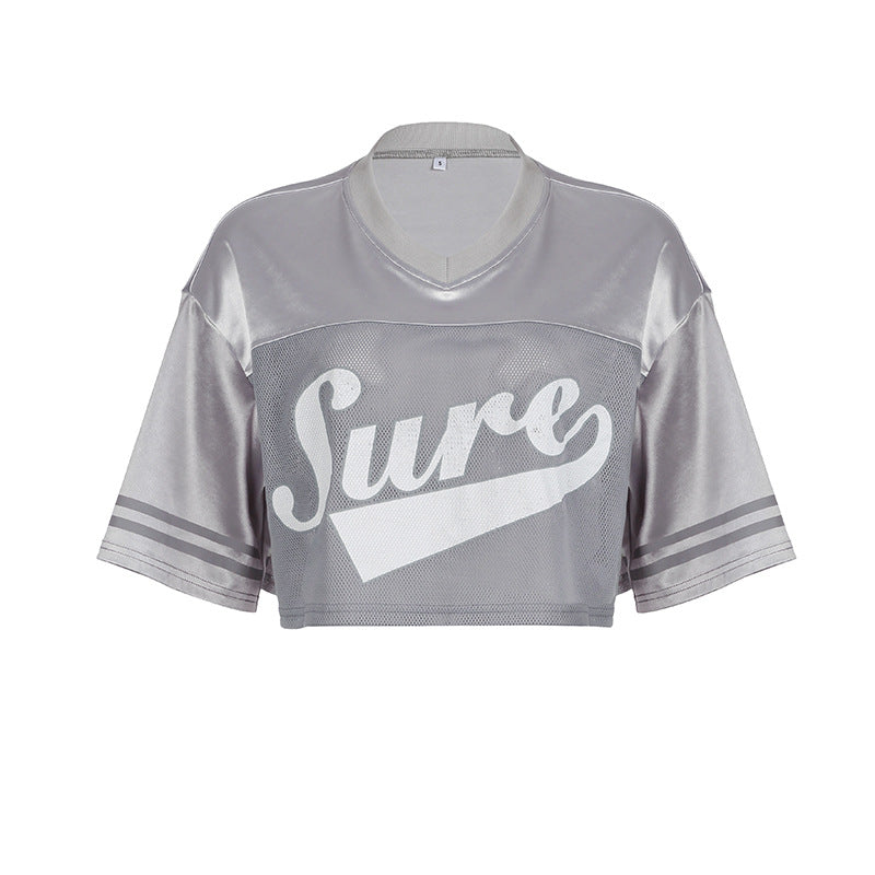 Printed Mesh Cloth Patchwork Round Neck Pullover Loose-fitting Cropped Top