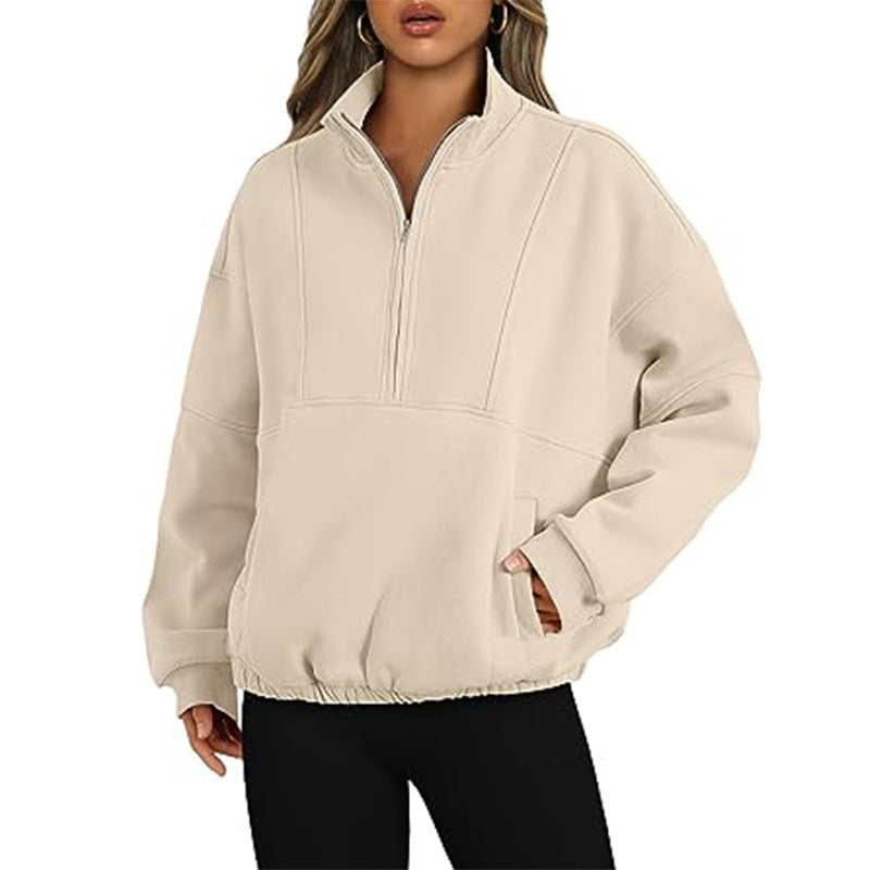 Sporty og casual sweater til kvinder med lynlåslomme, pullover, standkrave og lange ærmer