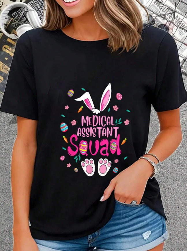 Happy Easter Rabbit Printed Women's Round Neck Short Sleeve T-shirt