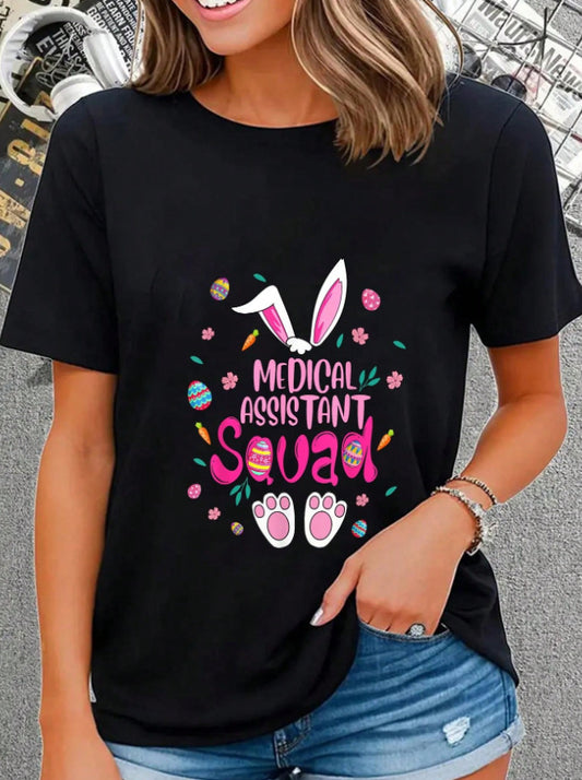 Glædelig påske Kanin Printet Dame T-shirt med Rund Hals og Korte Ærmer