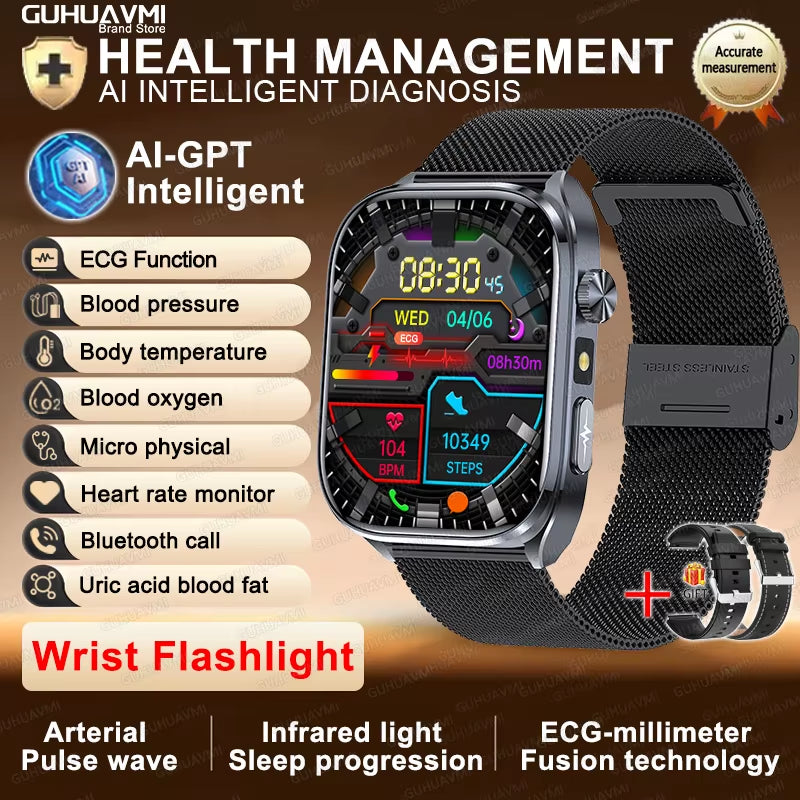2025 New ECG+PPG AI Healthy Diagnose Smart Watch Men Blood Lipid Uric Acid BT Call Flashlight Blood Pressure Health Smartwatch