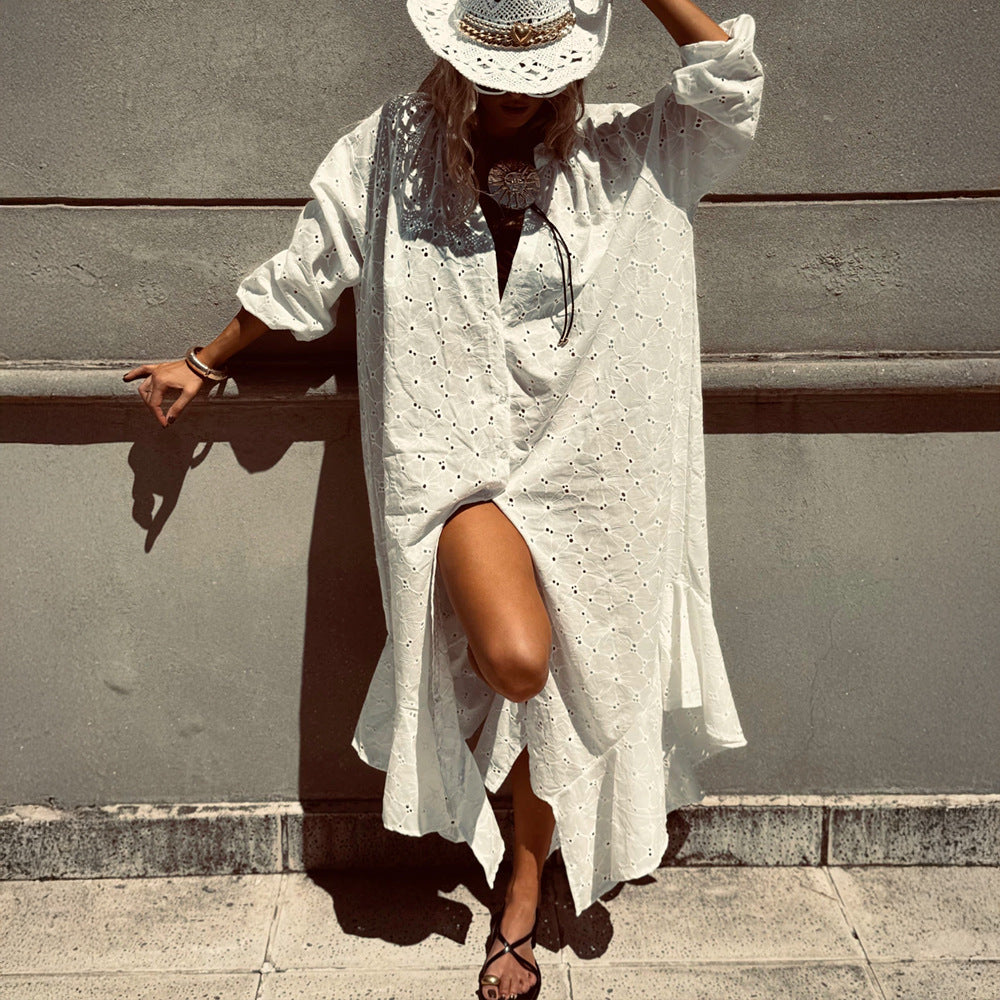 Loose-fitting, Single-breasted Embroidery Dress With Ruffled Hem