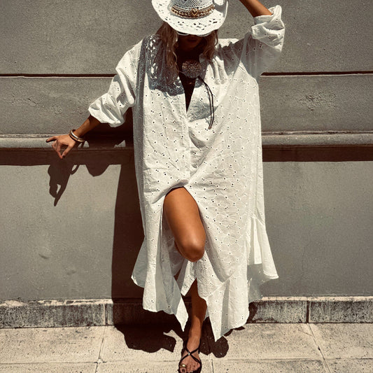 Loose-fitting, Single-breasted Embroidery Dress With Ruffled Hem