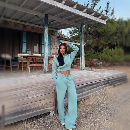 Round Neck Long-sleeve Suit Women's Pocket Pants