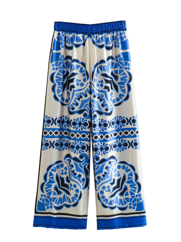 Spring New European And American Printing Drape Loose Shirt Elastic Waist Pajamas Wind Length Blouse And Pants