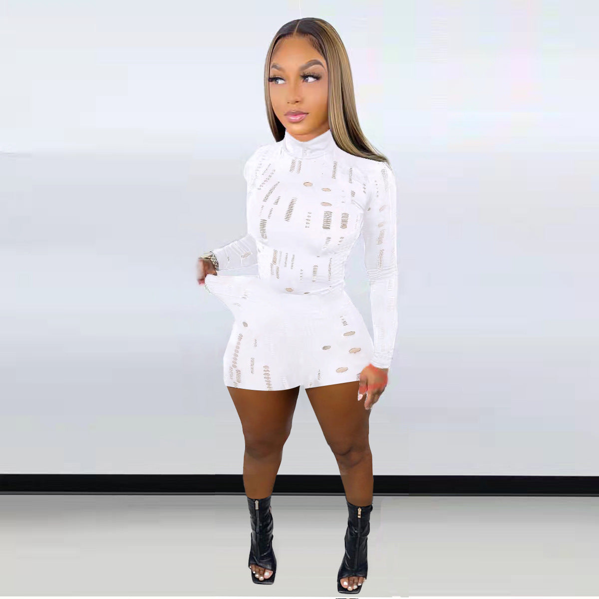 Elastic Ripped Turtleneck Long-sleeved Top Pencil Pants Set