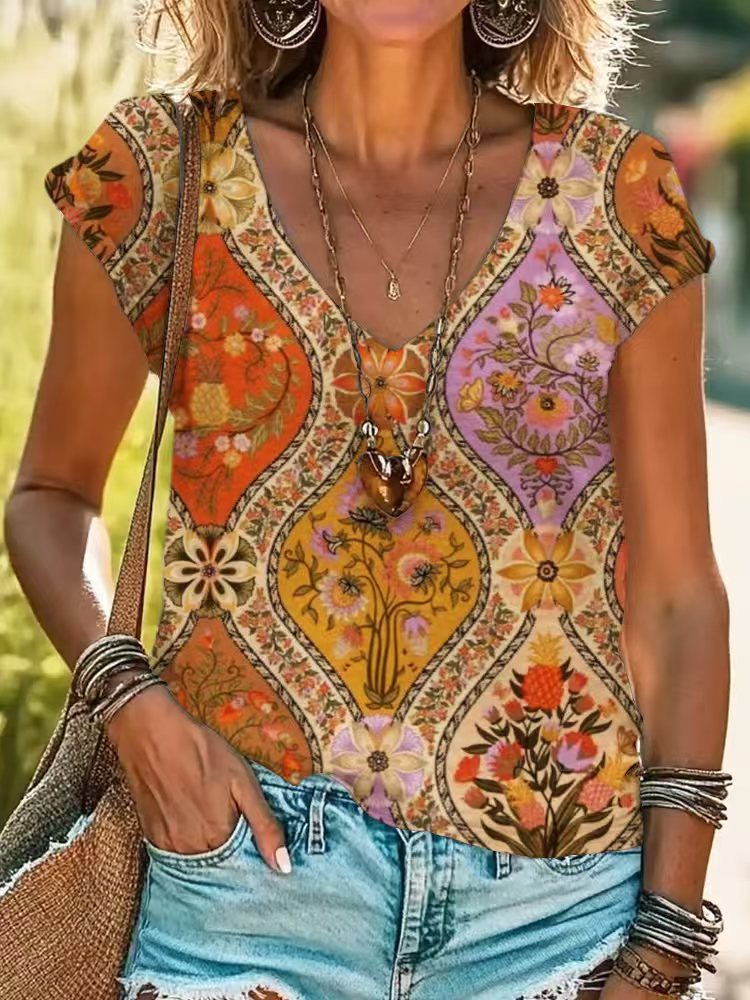 Casual Loose Fashion Digital Printing Multi-color Short Sleeve Women