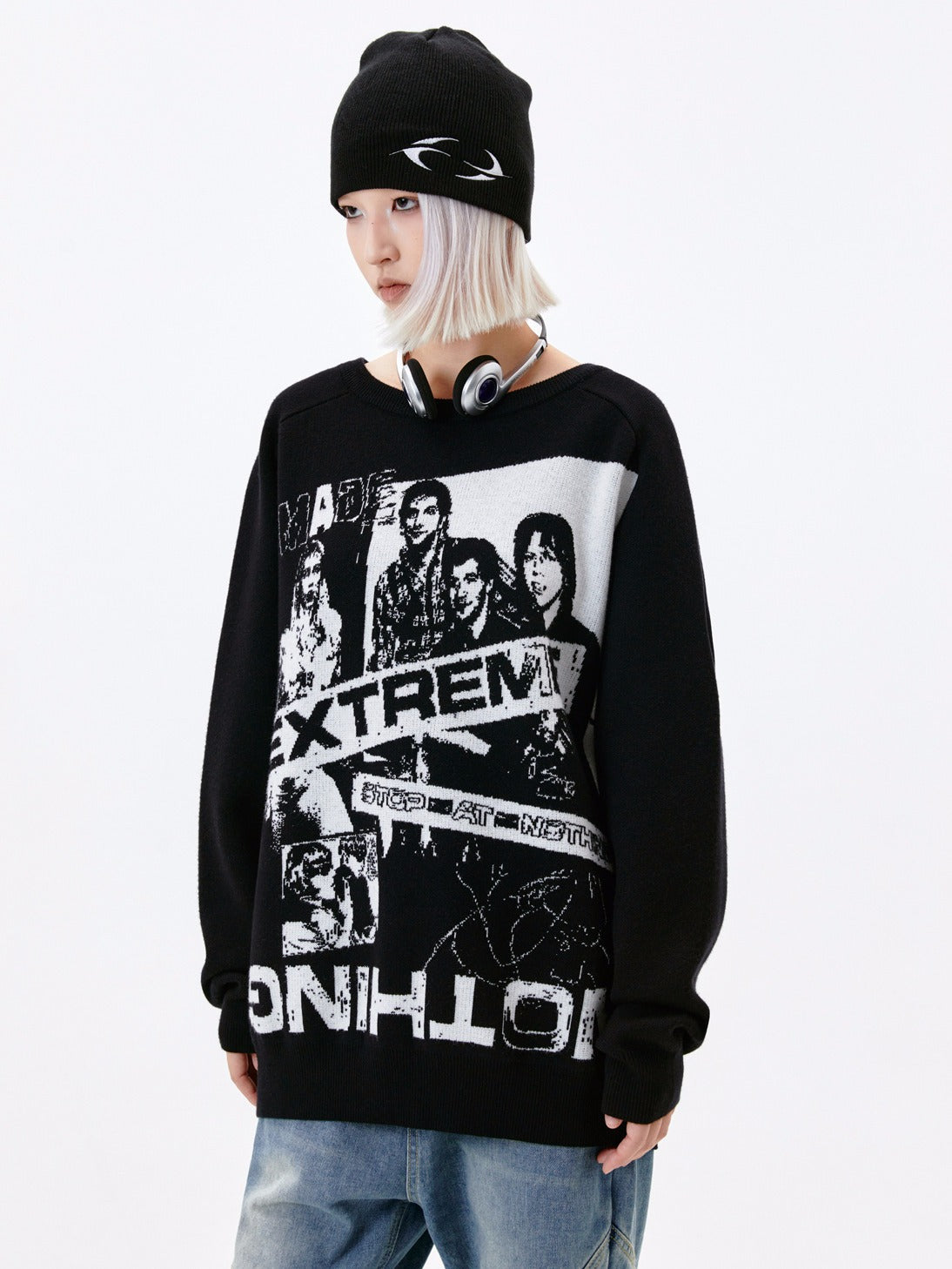 American Jacquard Loose-fitting Casual Round-neck Sweater