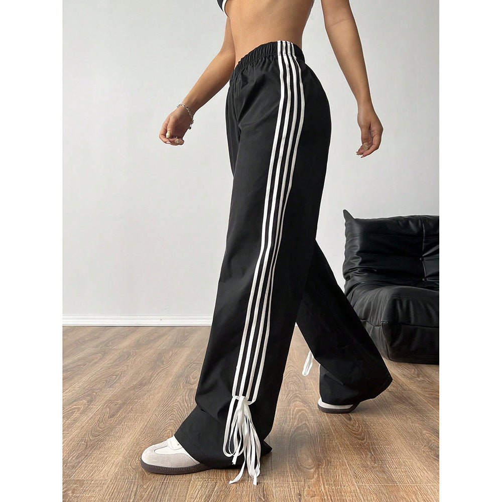 Womens High-Waisted Loose-Fit Wide-Leg Pants With Contrasting Striped Panels