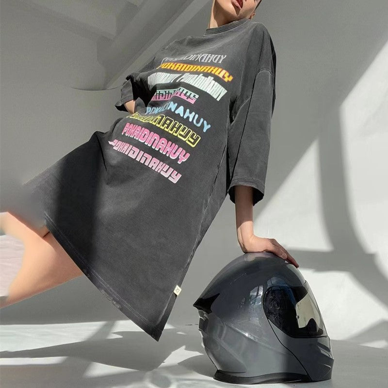 Retro Style Distressed Short Sleeve Loose Casual Cool Letter Printed Washed Gray Trendy T-shirt