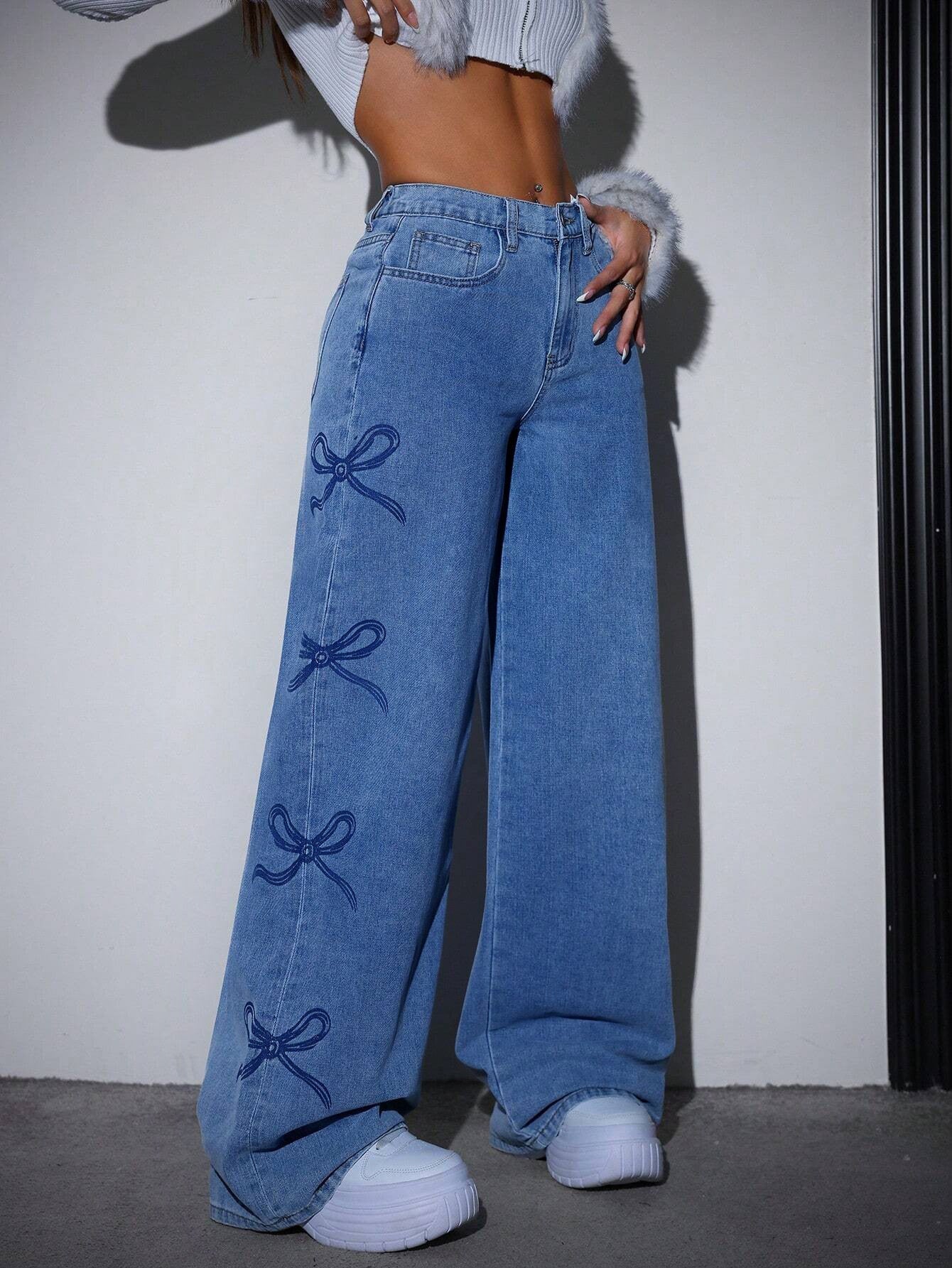 Printede lige-benede vide jeans