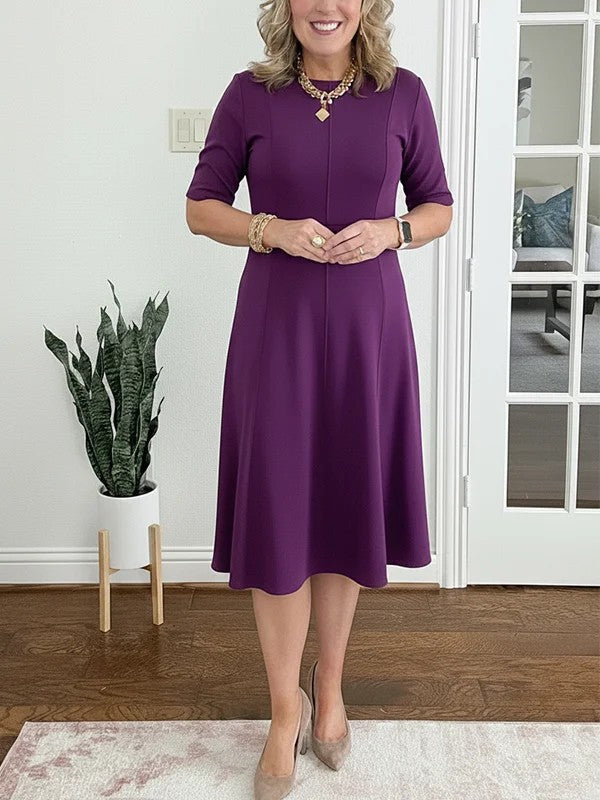 Womens Solid-Color Crew-Neck Short-Sleeve Dress
