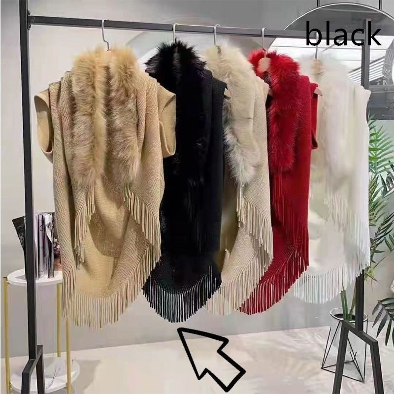 Knitted Shawl Fur Collar Jacket Autumn And Winter Large Size Loose Warm Cloak