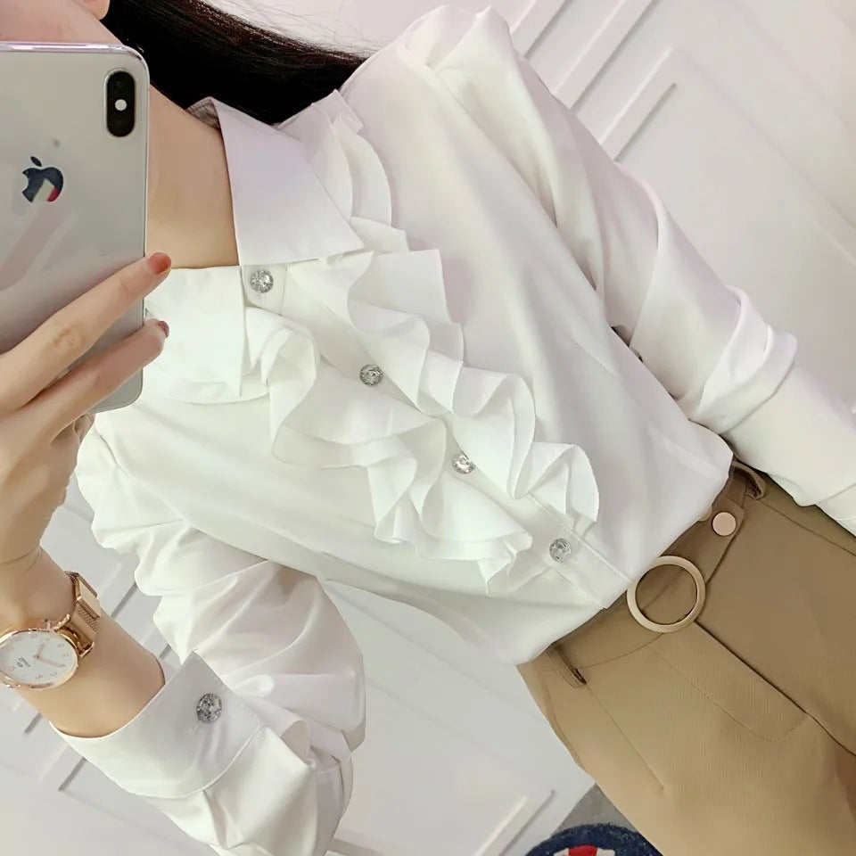 Ruffled Thin Puff Sleeve Loose Shirt