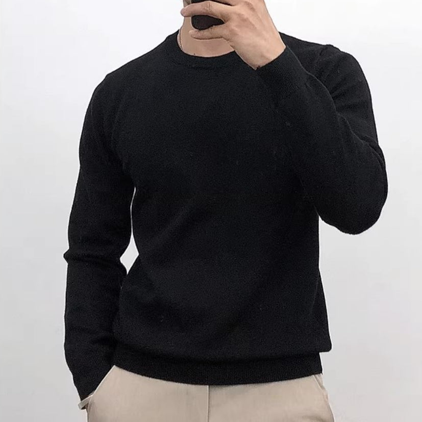 Solid-color Crew-neck Base Knit Sweater Mens Pullover