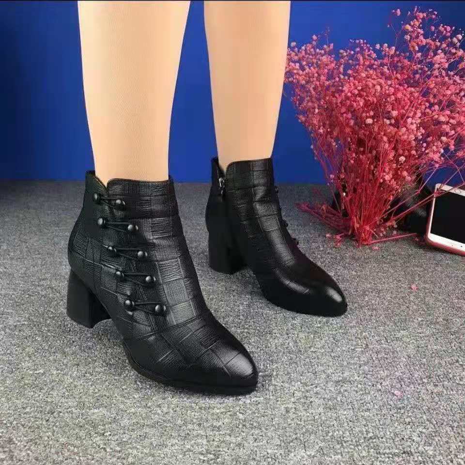Embossed Double-breasted Martin Boots Women's Pointed Toe Side