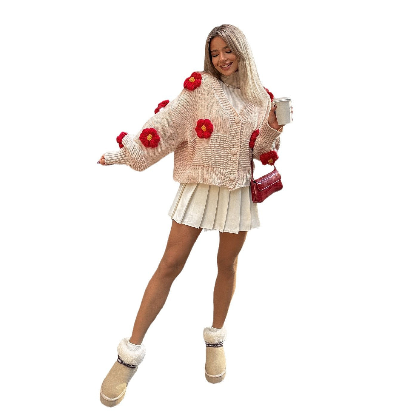 Tredimensionel blomstersweater, moderigtig, løs pasform, V-hals