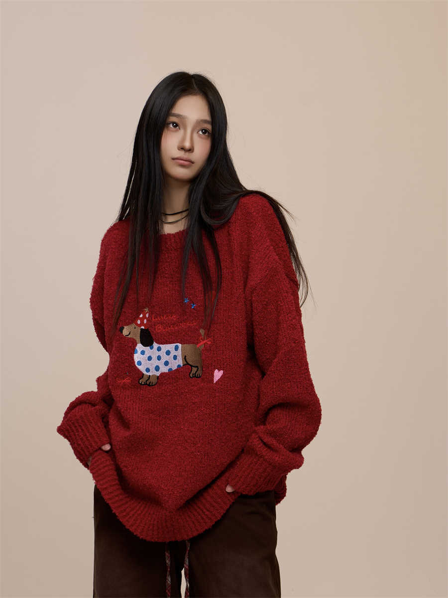 Christmas Red Couple's Sausage Dog Towel Embroidered Sweater