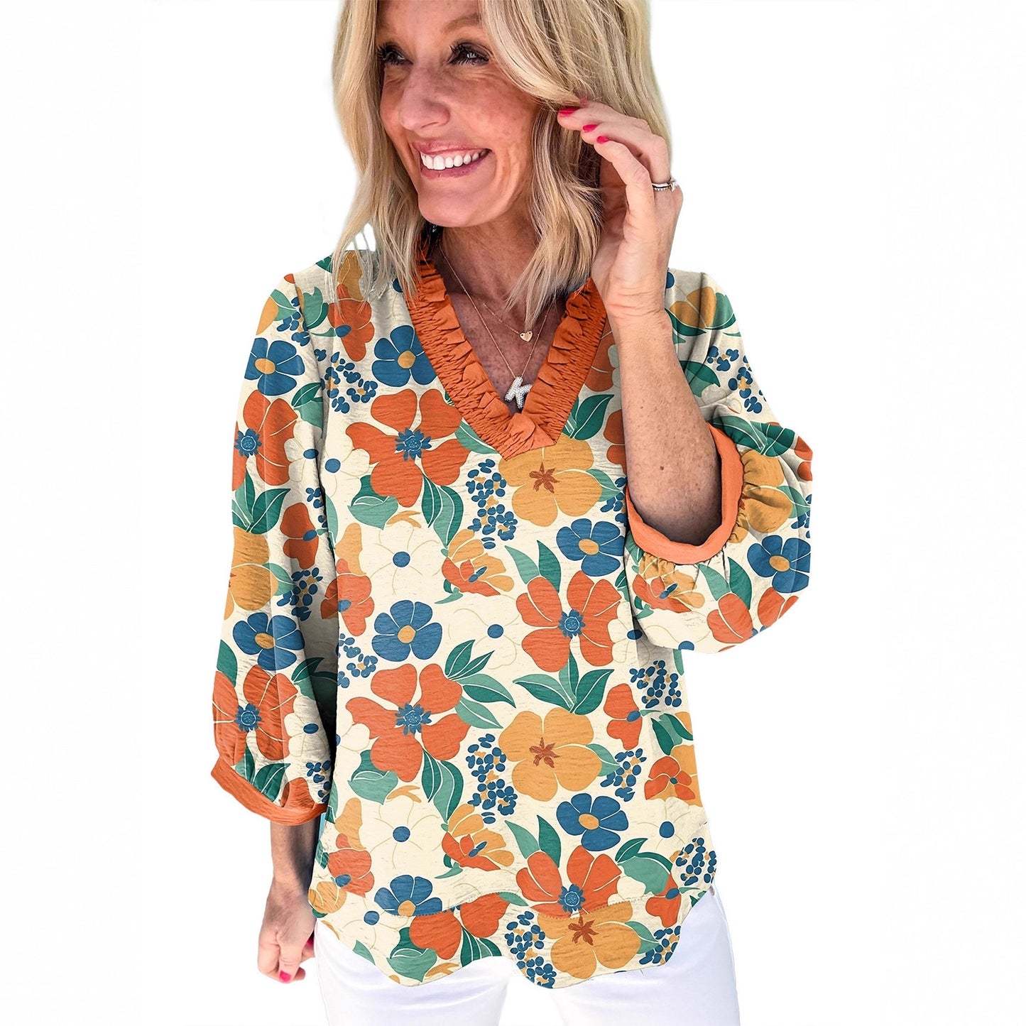 Casual Versatile V-neck Floral Print Top