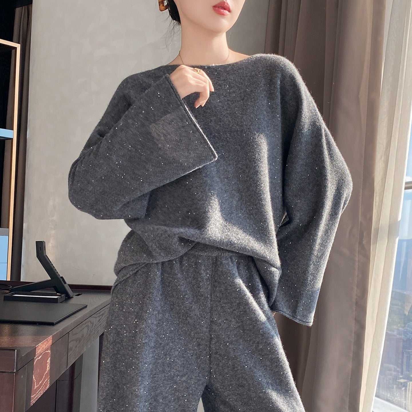 Dame Turtleneck Sweater Moderigtigt To-delt Sæt Med Tykke Bukser
