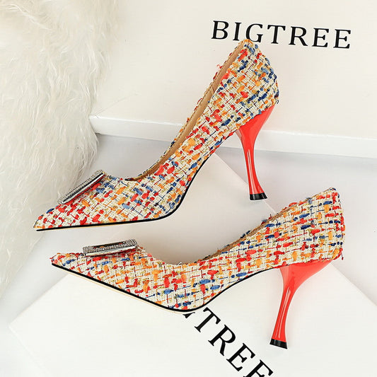 Shallow Mouth Pointed Toe Color-blocking Cloth Metal Rhinestone Square Buckle Single Shoes