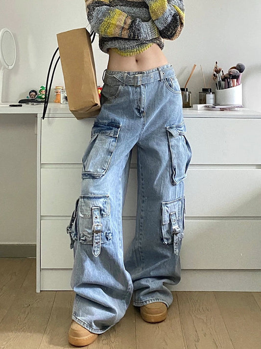 Amerikanske Street Workwear Wide Leg Jeans Design Med Multilommer