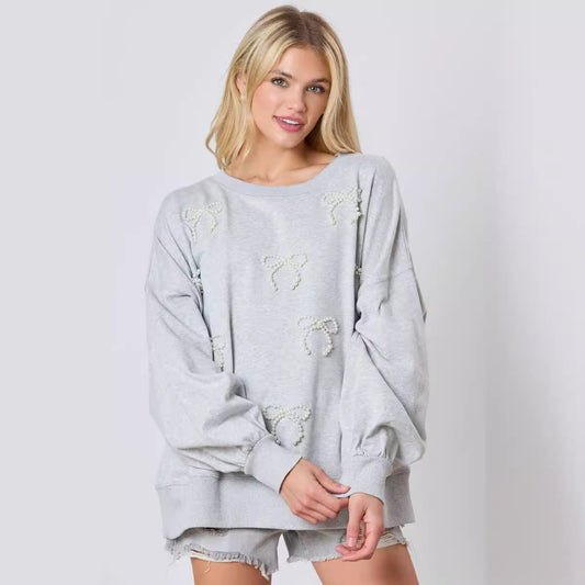 Dame Langærmet Afslappet Sweatshirt med Perle og Sløjfedekoration