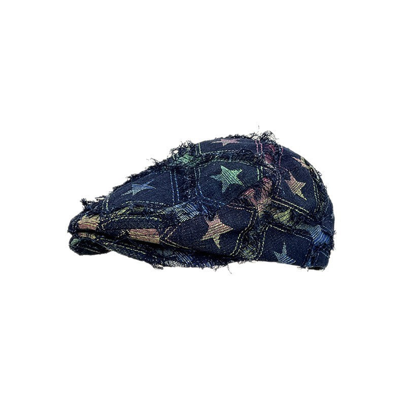 Colorful Plaid Five-pointed Star Advance Hats Women's Korean-style Anti-wear Distressed Edging Beret