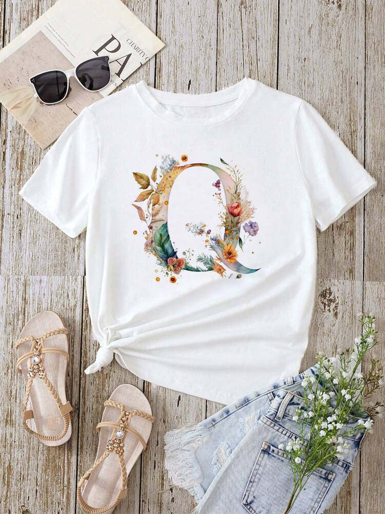 Stylish Womens T-shirt Featuring A Floral Letter Font With The First Letter Of Your Name Short-sleeve Top In White