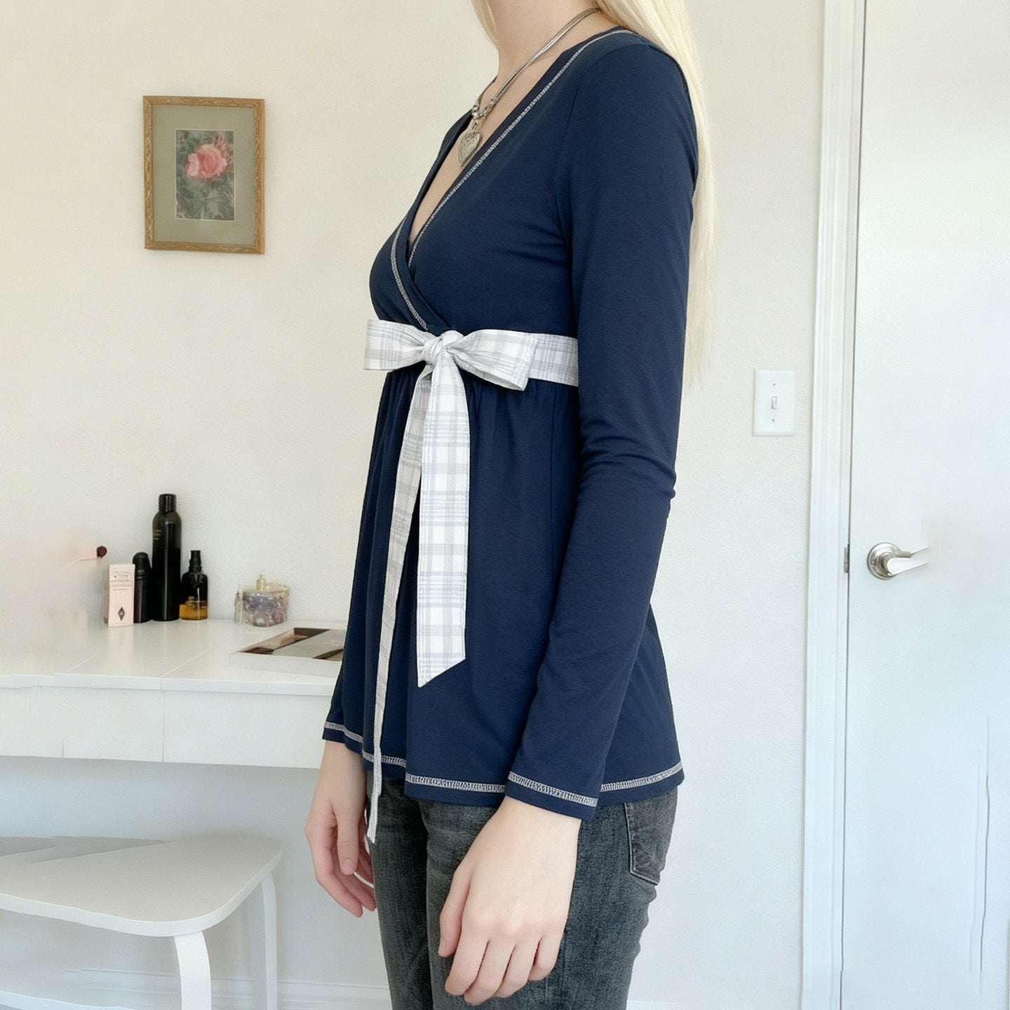 Womens Plaid Bow-Tie Cinched Waist Top