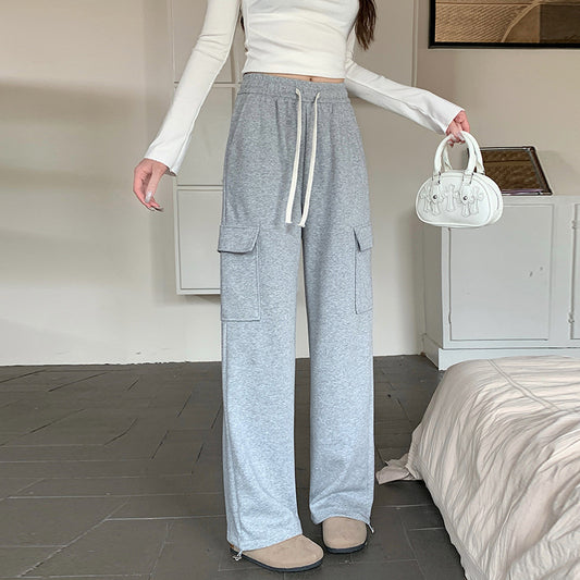 High Waist Straight Large Pocket Loose Drawstring Ankle-tied Sports Pants