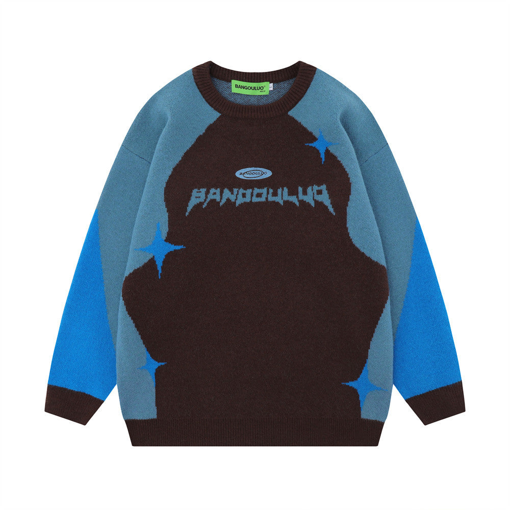National Fashion Stitching Contrast Color Jacquard Round Neck Sweater