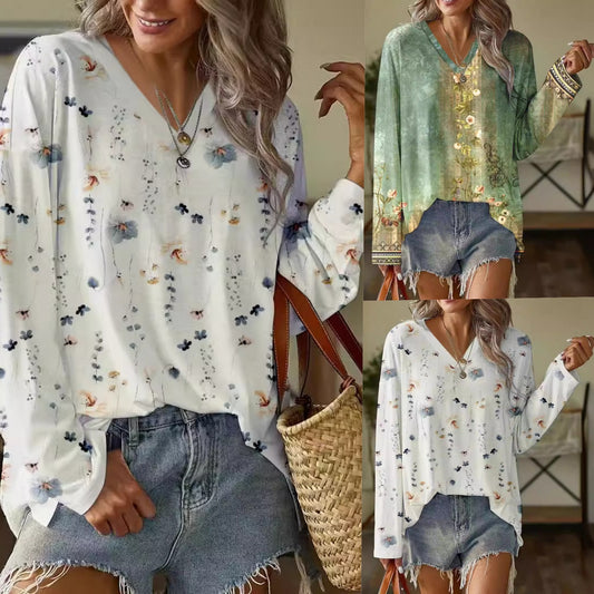 Langærmet løs V-hals T-shirt sweater til kvinder med print