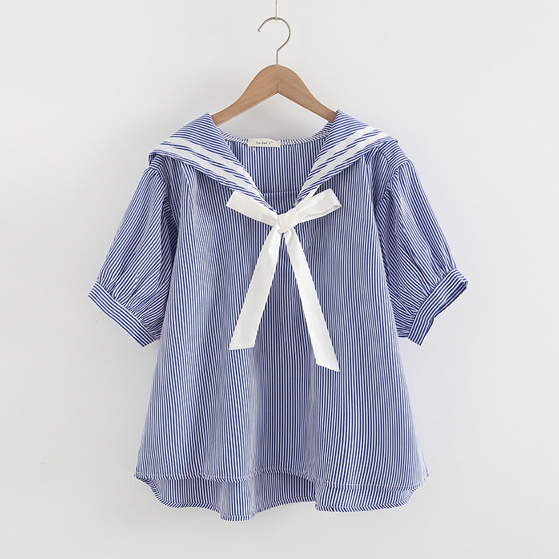 Elegant Cotton Pullover Sailor Collar Loose Women's Shirt