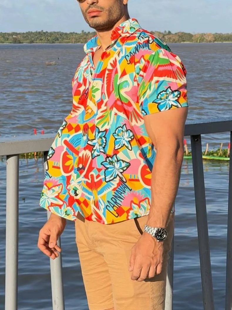 Tropical Floral Print Short Sleeve Button Down Shirt