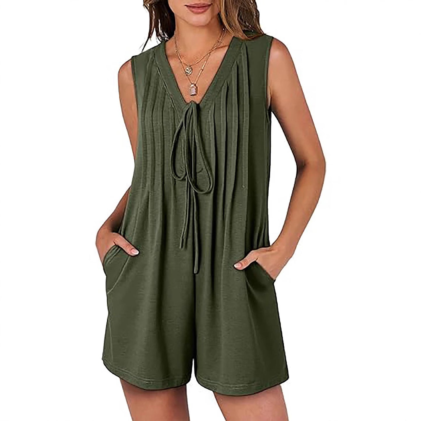 Summer Loose Sleeveless Pleated Front-tie V-neck Short Jumpsuit With Pockets