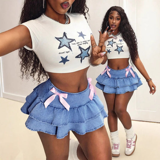 Elastic Womens Denim Skirt With Bow Versatile And Easy To Style