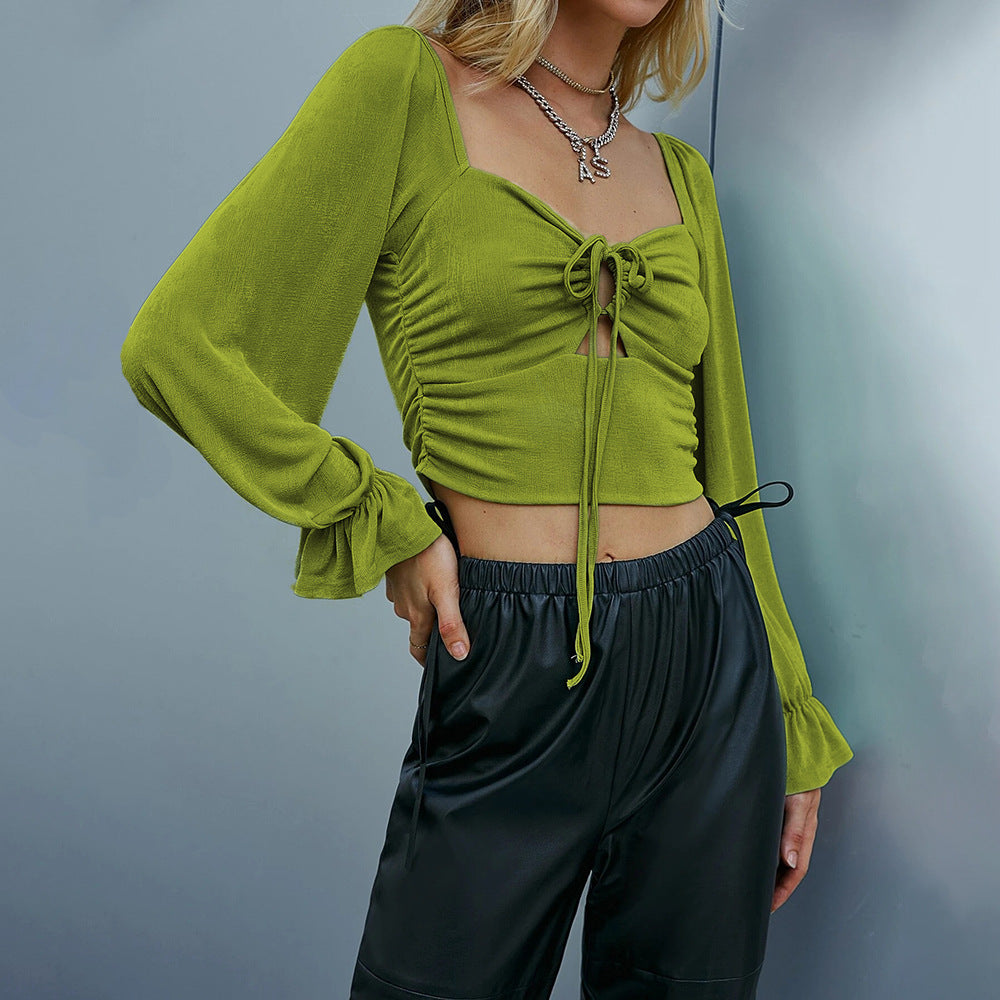 Sexy Hollow-out Puff Sleeve Long Sleeve Crop Top