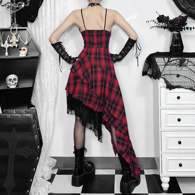 Lace-up Dark-colored Irregular Patchwork Hem Plaid Dress