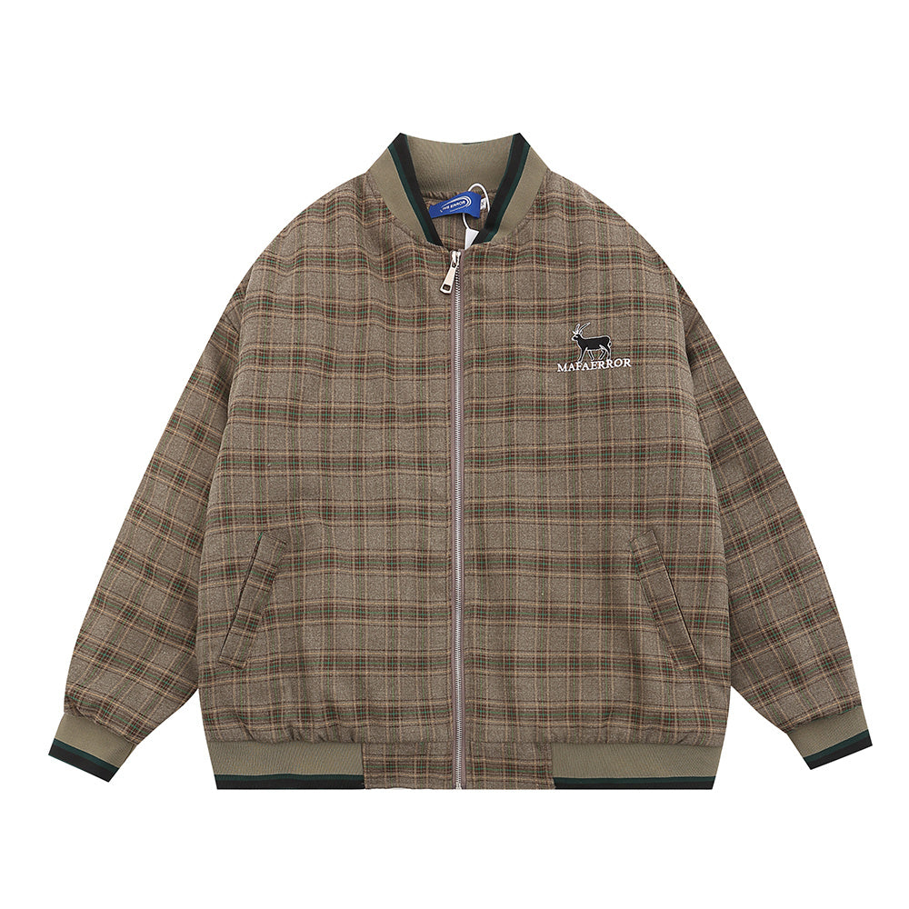American Retro Plaid Baseball Stand Collar Coat Cotton-padded Jacket