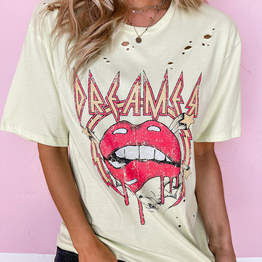 European And American Lip Letter Printing Short-sleeved Burning Flower Hole Loose Casual T-shirt Women