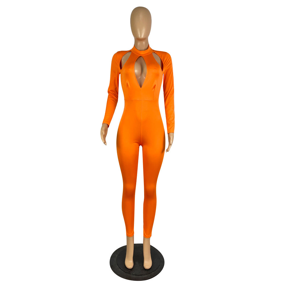 Women's Solid Color Long-sleeved Invisible Cut-out Jumpsuit