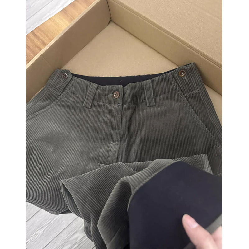 New Womens Dark Green High Waisted Slimming Corduroy Wide Leg Pants